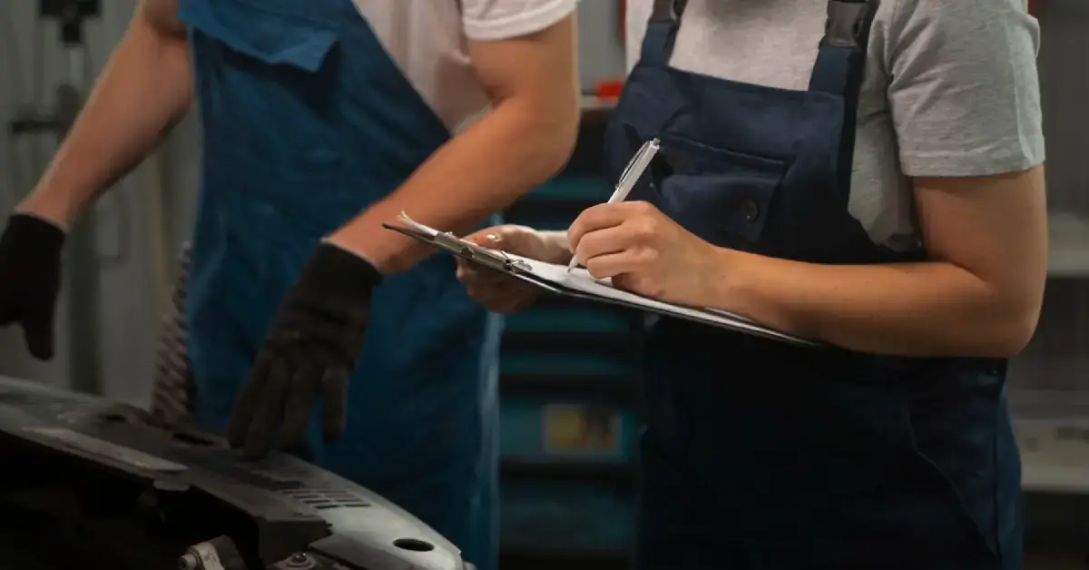 Mechanicy przeprowadzający przegląd techniczny samochodu