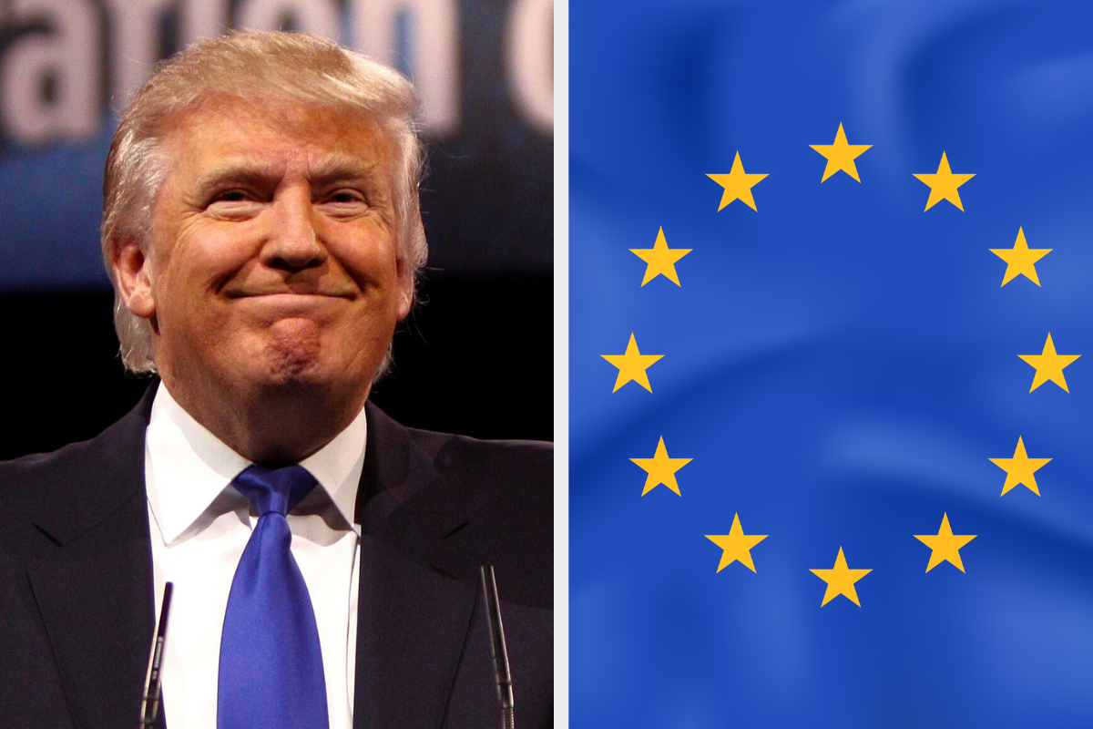 Zdjęcie przedstawia Donalda Trumpa, prezydenta Stanów Zjednoczonych i flagę Unii Europejskiej.