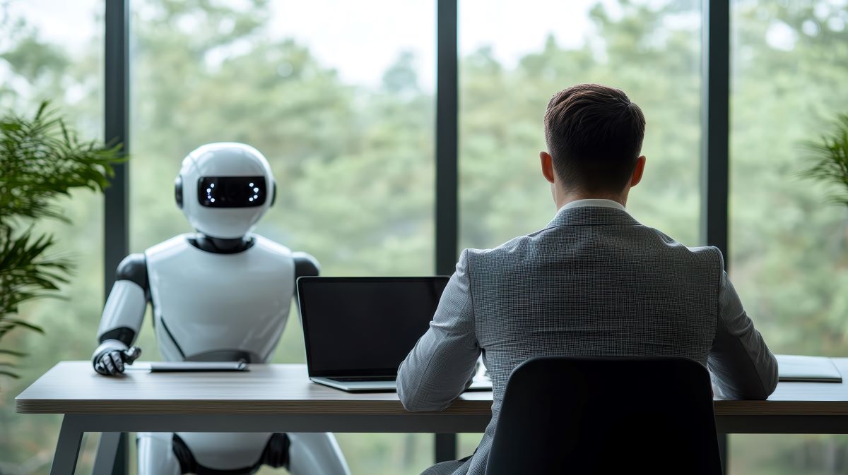 Robot i człowiek w pracy.